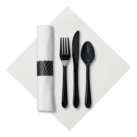 CATERWRAP 8.5" Pre-rolled White Dinner Napkins with Black Cutlery 200 PK 119990